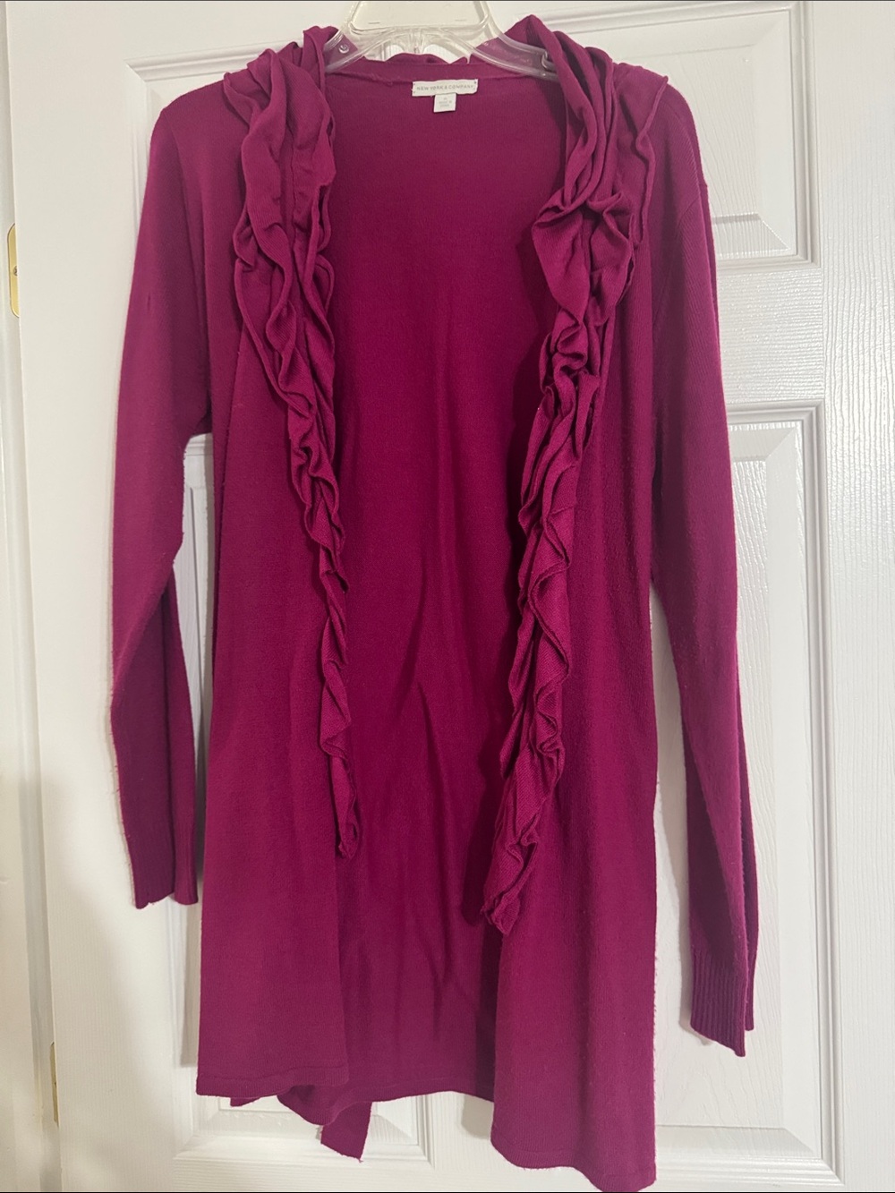 New York & Co Long Sleeve Ruffle-Trim Open Cardigan Dress - Magenta